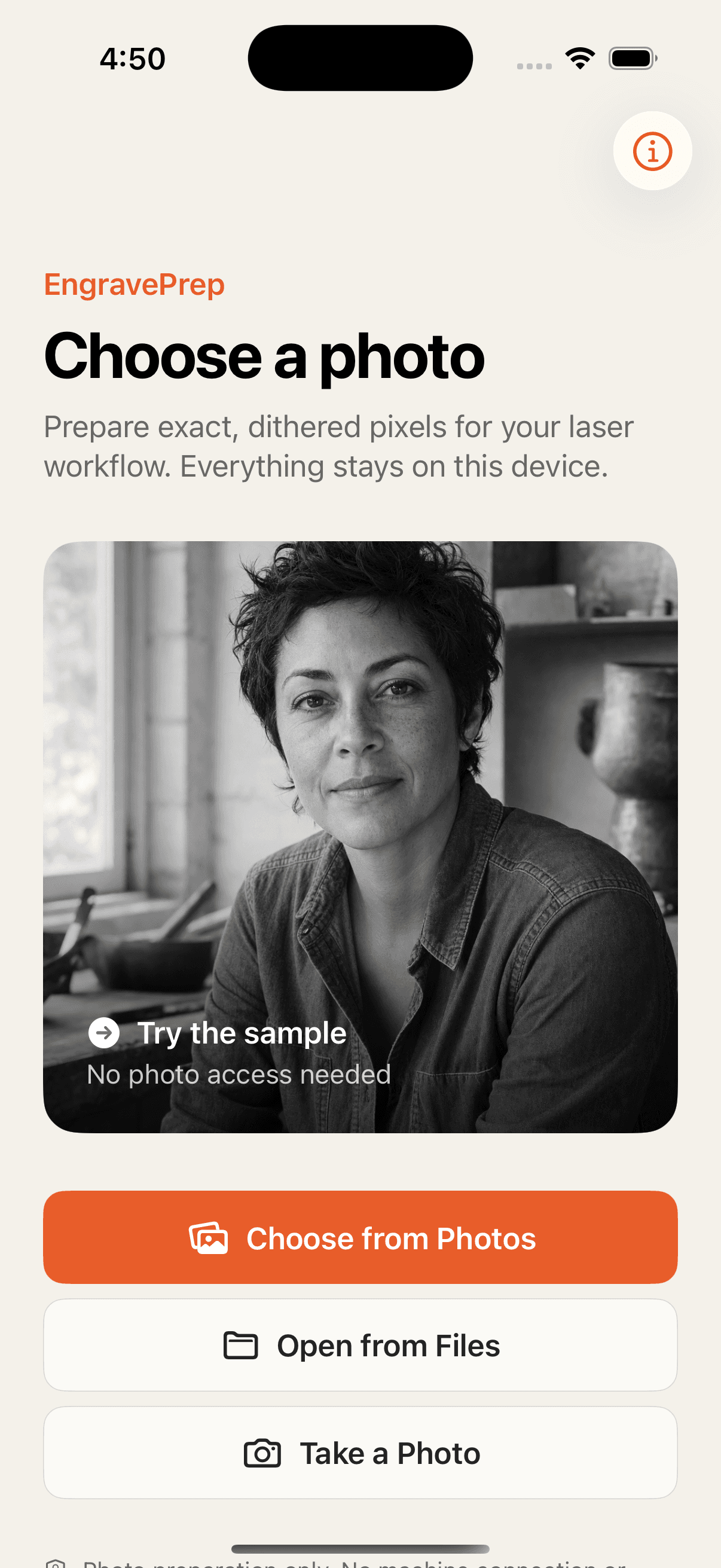 EngravePrep photo import screen on iPhone
